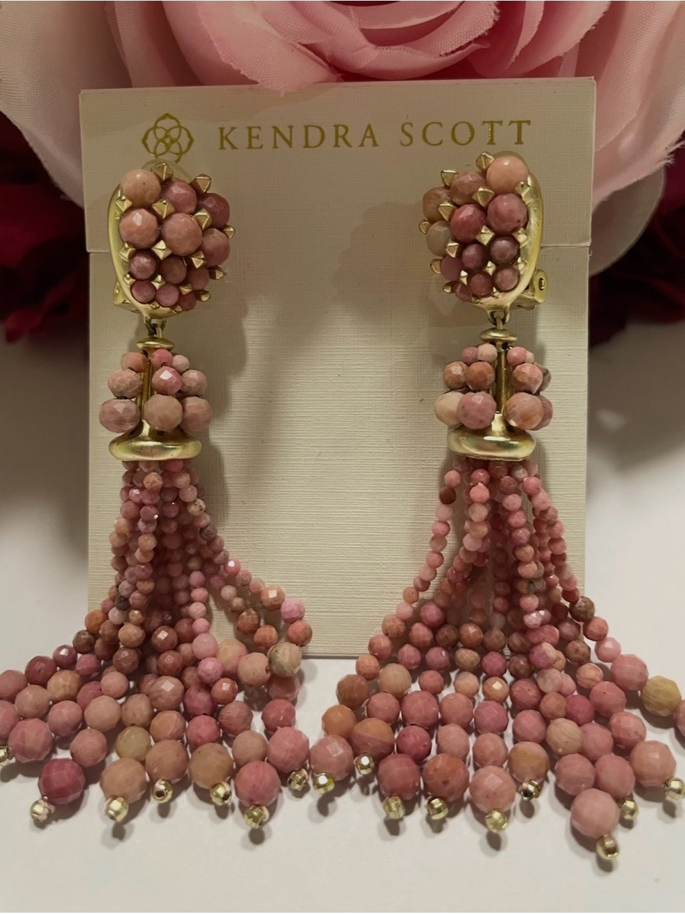 EUC Kendra Scott Cecily Beaded Drop Clip Earrings in gold Pink Rhodonite Agate